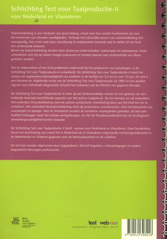 Achterkant van Schlichting Test voor Taalproductie-II (Schlichting Taalproductie) - handleiding