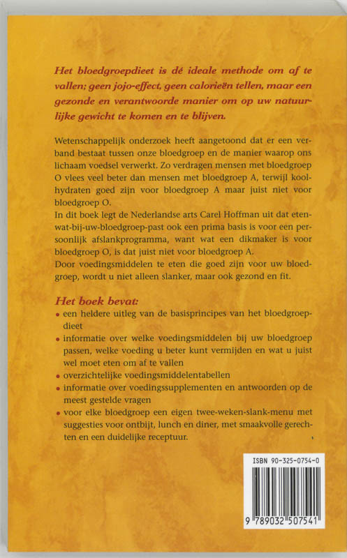 Achterkant van Gewichtsbeheersing met het bloedgroepdieet