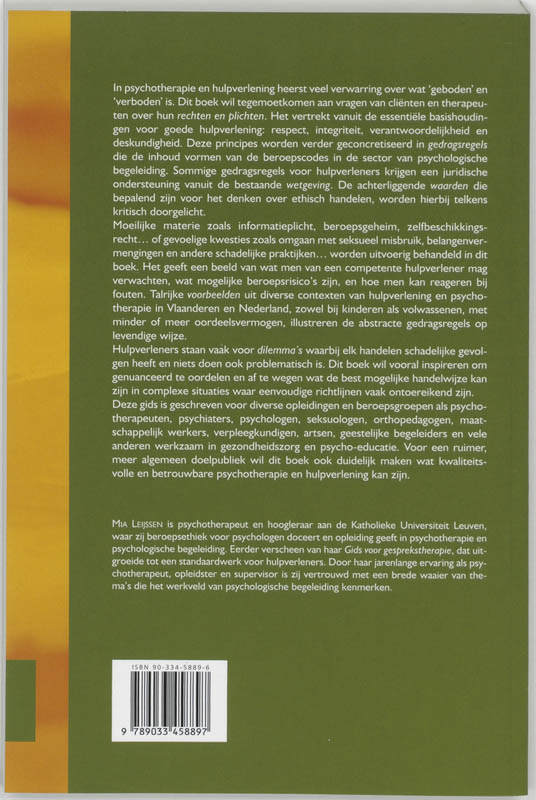 Achterkant van Gids Beroepsethiek. Waarden, rechten en plichten in psychotherapie en hulpverlening