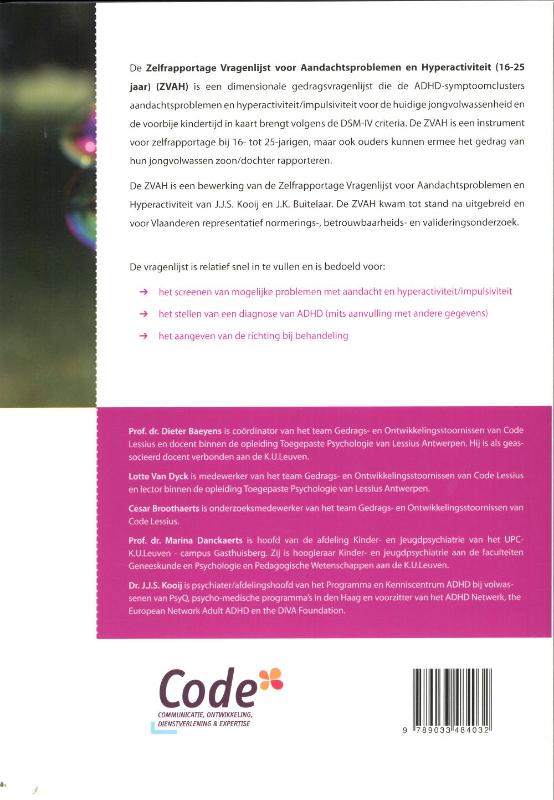 Achterkant van ZVAH: Zelfreportage vragenlijst voor aandachtsproblemen en hyperactiviteit (16-25jaar)