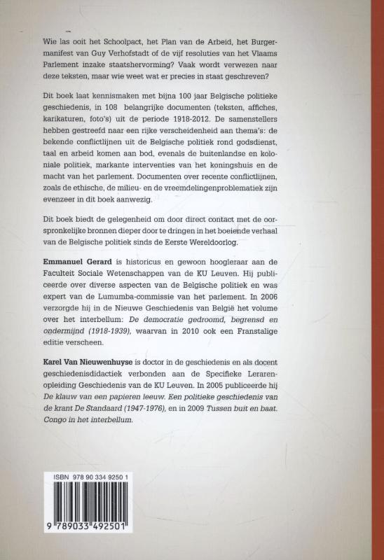 Achterkant van Scripta politica politieke geschiedenis van Belgie in documenten (1918-2012)