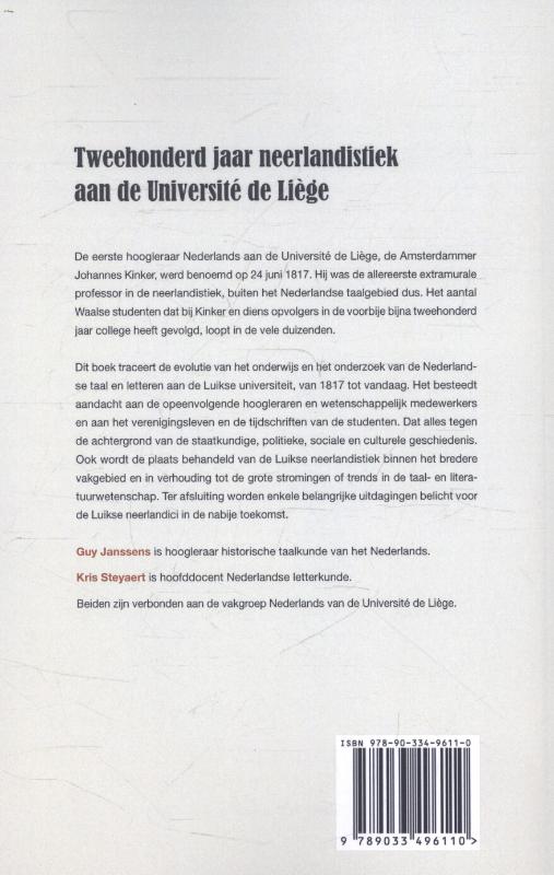 Achterkant van Tweehonderd jaar neerlandistiek aan de universite de Liege