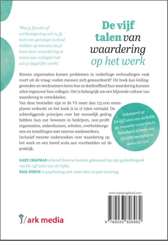 Achterkant van De 5 talen van waardering op het werk