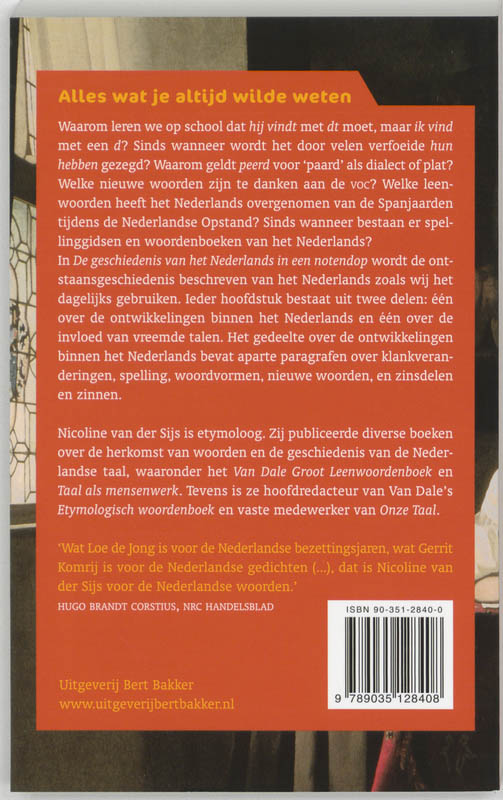 Achterkant van De geschiedenis van het Nederlands in een notendop