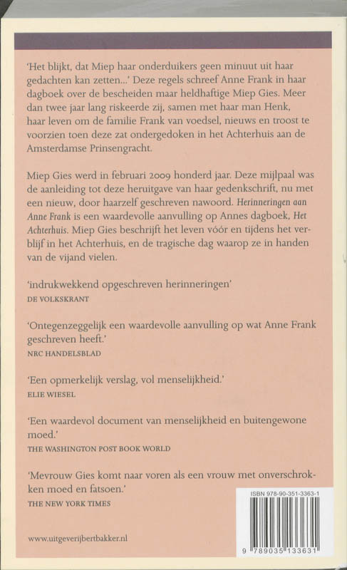 Achterkant van Herinneringen aan Anne Frank