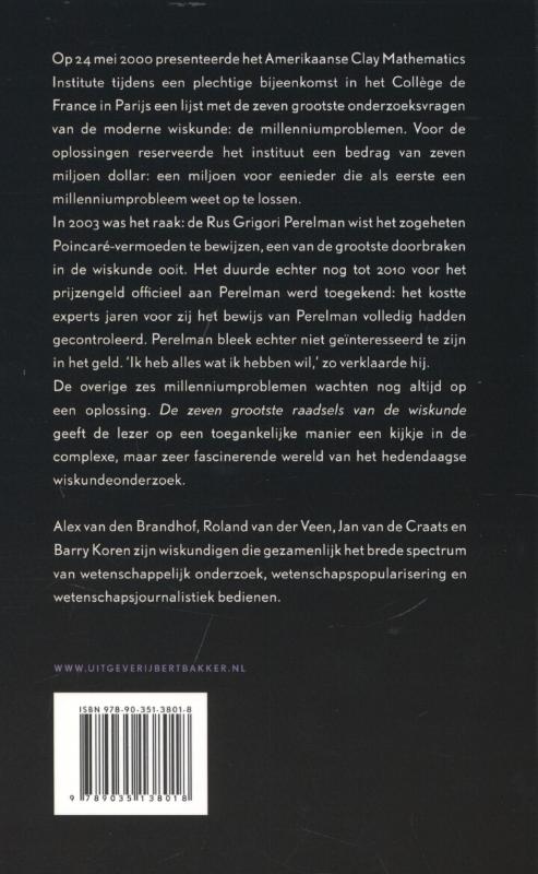 Achterkant van De zeven grootste raadsels van de wiskunde