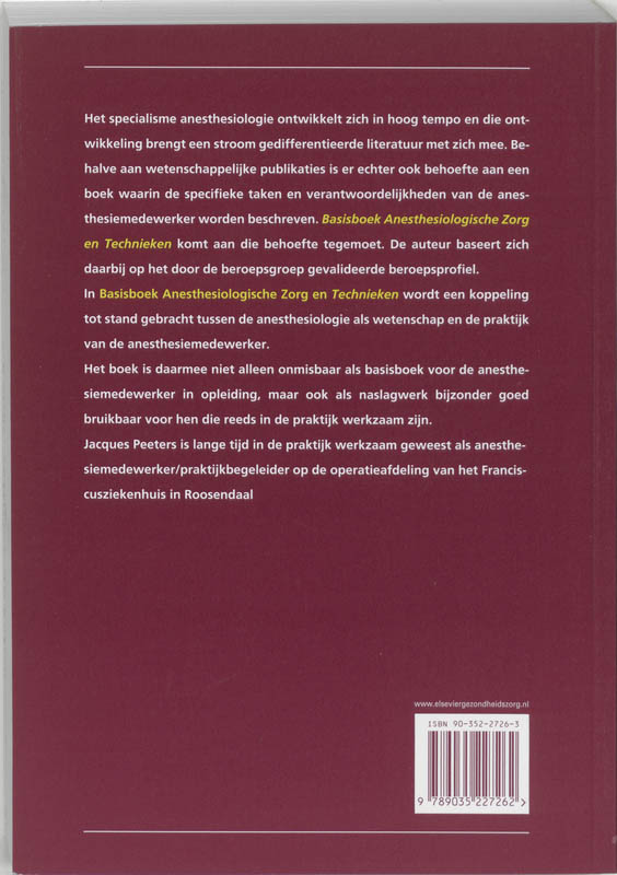 Achterkant van Basisboek Anesthesiologische Zorg en Technieken