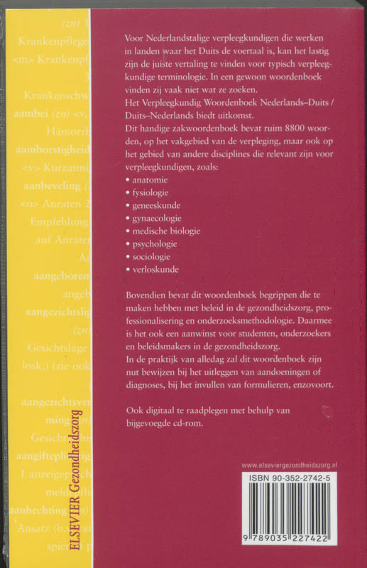 Achterkant van Verpleegkundig woordenboek Nederlands-Duits Duits-Nederlands