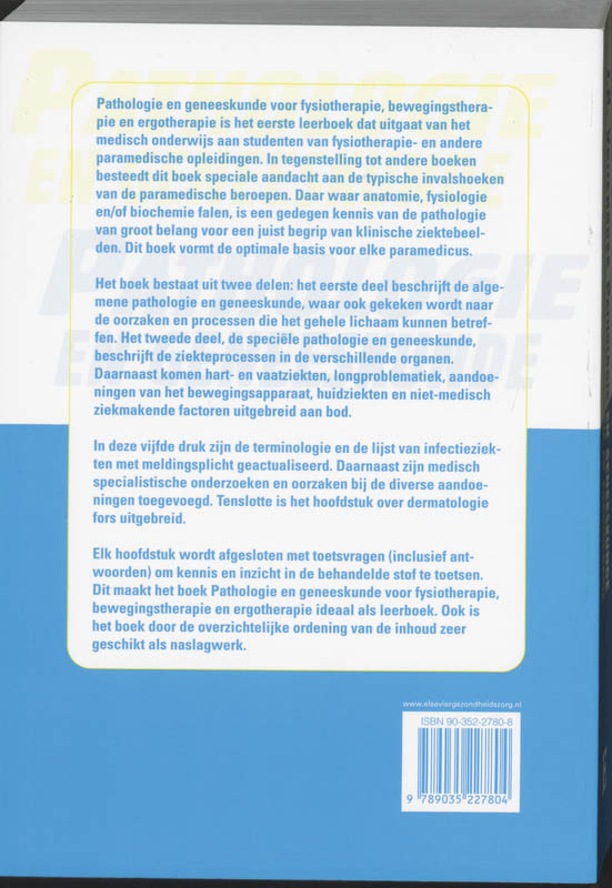 Achterkant van Pathologie en geneeskunde voor fysiotherapie, bewegingstherapie en ergotherapie