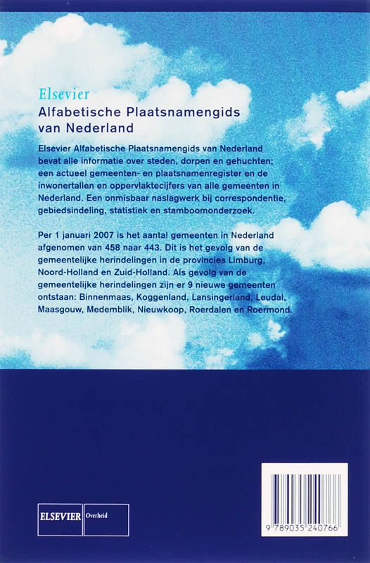 Achterkant van Elsevier alfabetische plaatsnamengids van Nederland
