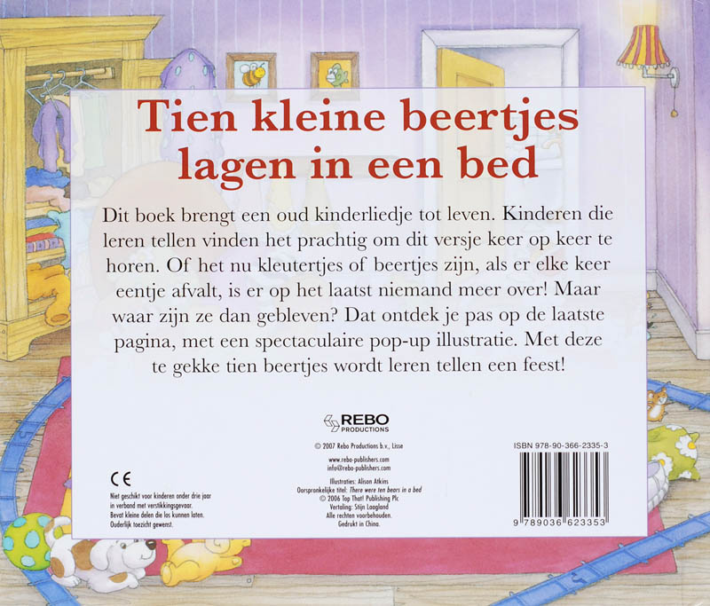 Achterkant van Tien kleine beertjes lagen in een bed