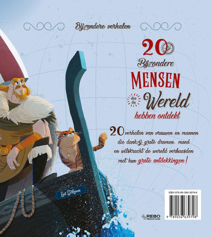 Achterkant van 20 bijzondere mensen die de wereld hebben ontdekt