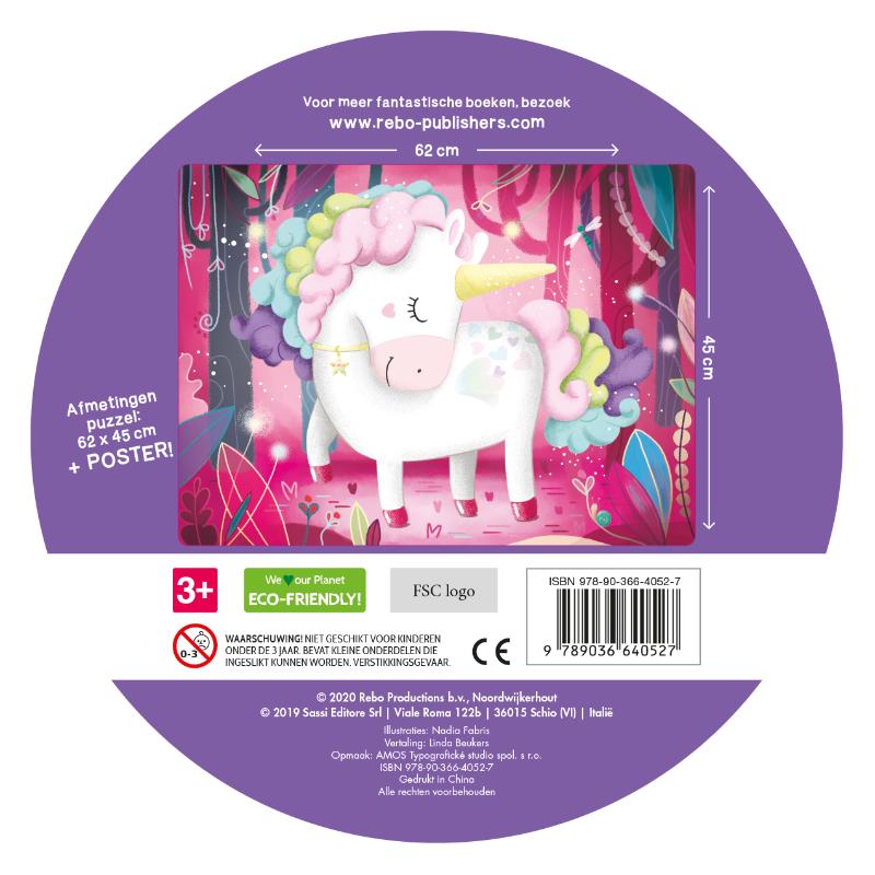 Achterkant van De magische unicorn - boek + giga puzzel