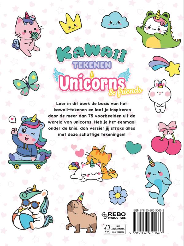 Achterkant van Kawaii tekenen unicorns & friends