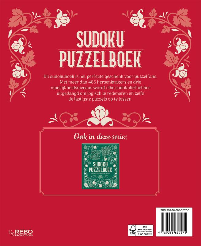 Achterkant van Sudoku puzzelboek rood (volume 2)