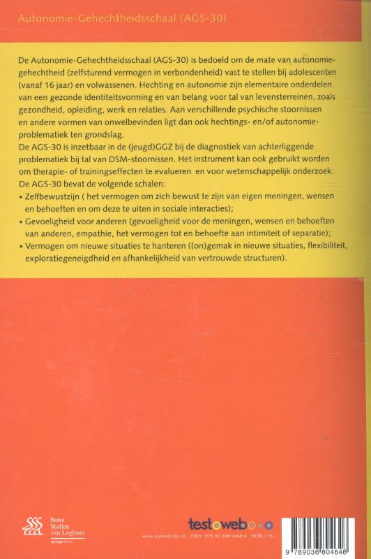 Achterkant van Autonomie-gehechtheidsschaal (AGS 30) - handleiding