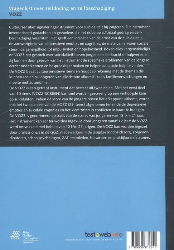 Achterkant van Vragenlijst over Zelfdoding en Zelfbeschadiging (VOZZ) - handleiding