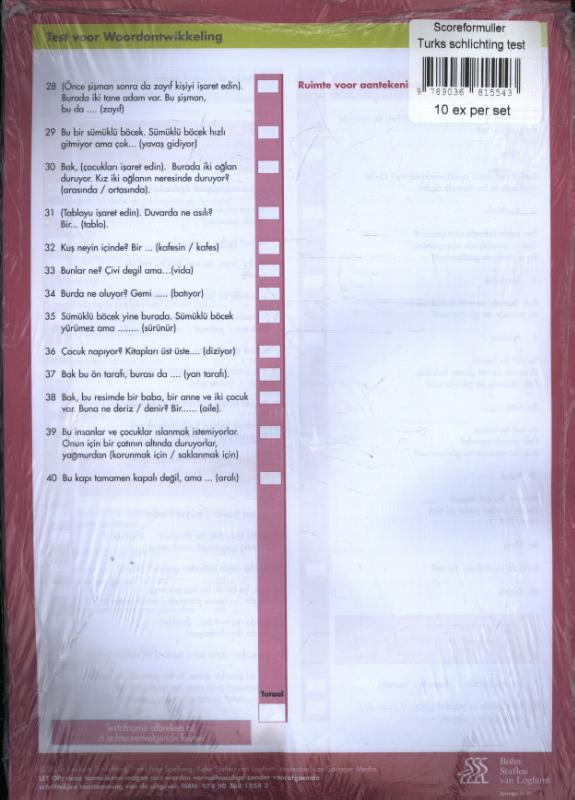 Achterkant van Schlichting Test Turks Scoreformulier