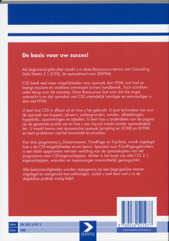 Achterkant van Basiscursus Cascading Style Sheets