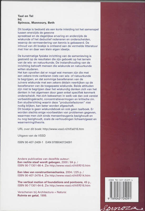 Achterkant van Taal en Tal bij Spinoza, Mannoury, Beth