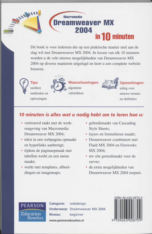 Achterkant van Macromedia Dreamweaver MX 2004 in 10 minuten