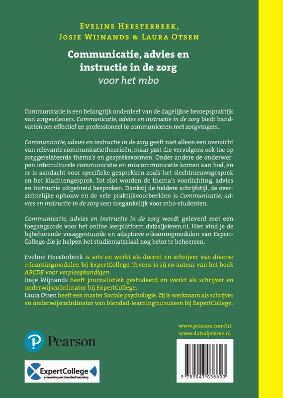 Achterkant van Communicatie, advies en instructie in de zorg voor het mbo met datzaljeleren.nl