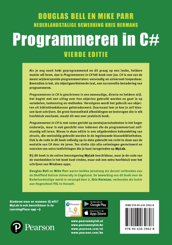 Achterkant van Programmeren in C#, 4e editie met MyLabNL toegangscode
