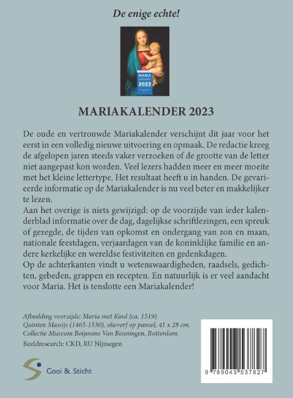 Achterkant van Mariakalender 2023