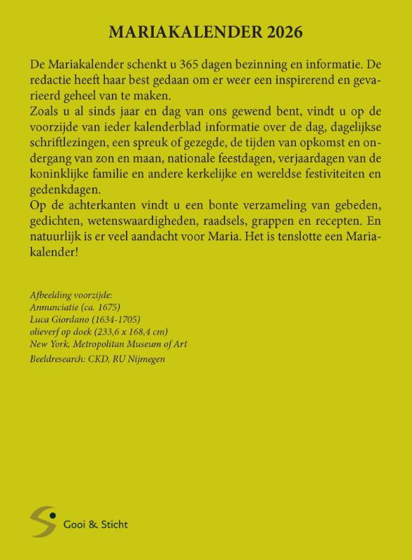 Achterkant van Mariakalender 2026