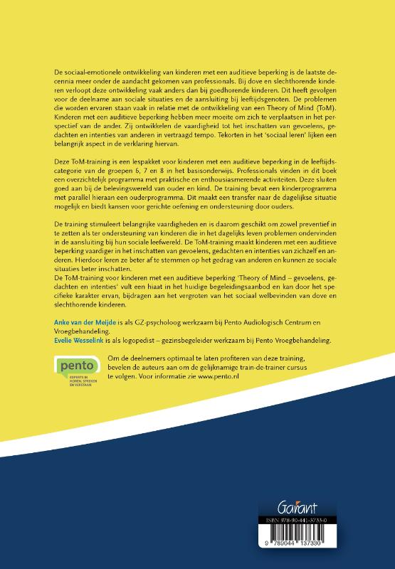 Achterkant van Theory of Mind gevoelens, gedachten en intenties. ToM-training voor kinderen met een auditieve beperking