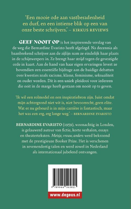 Achterkant van Geef nooit op