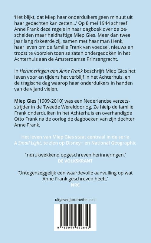 Achterkant van Herinneringen aan Anne Frank