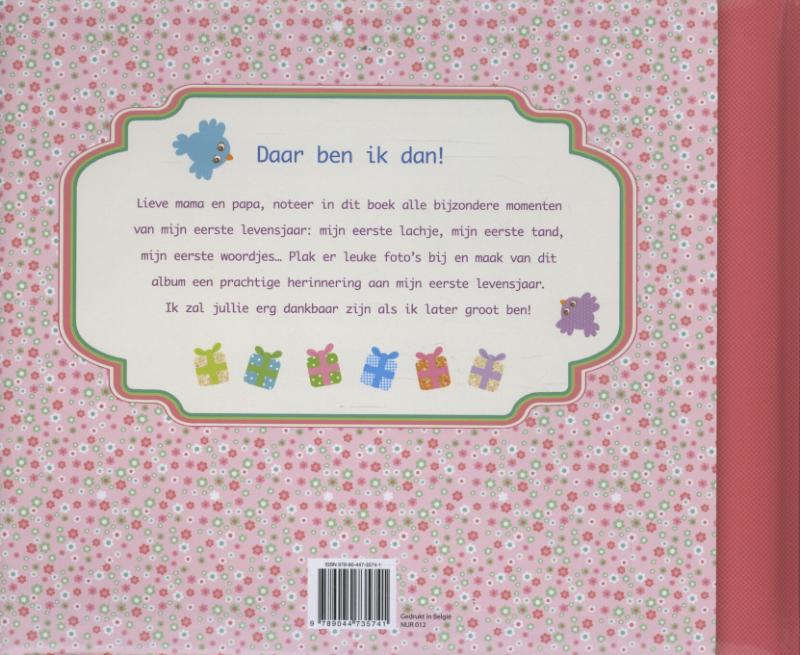 Achterkant van Daar ben ik dan babyalbum roze