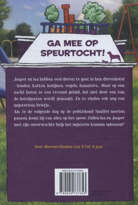 Achterkant van Snuffel, de speurhond
