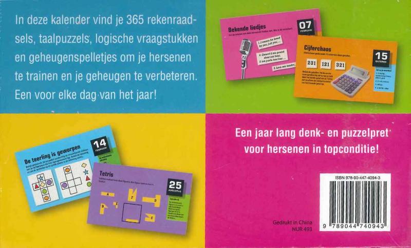 Achterkant van 365 breinbrekers en geheugenspelletjes