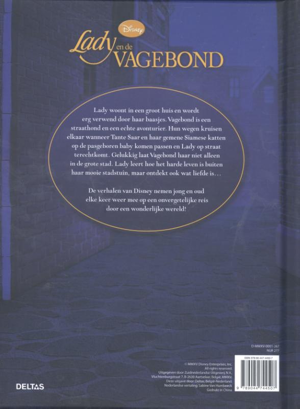 Achterkant van Disney verhalenboek Lady en de Vagebond