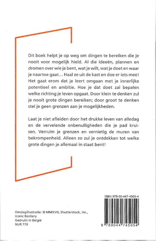 Achterkant van Denk groot bereik meer