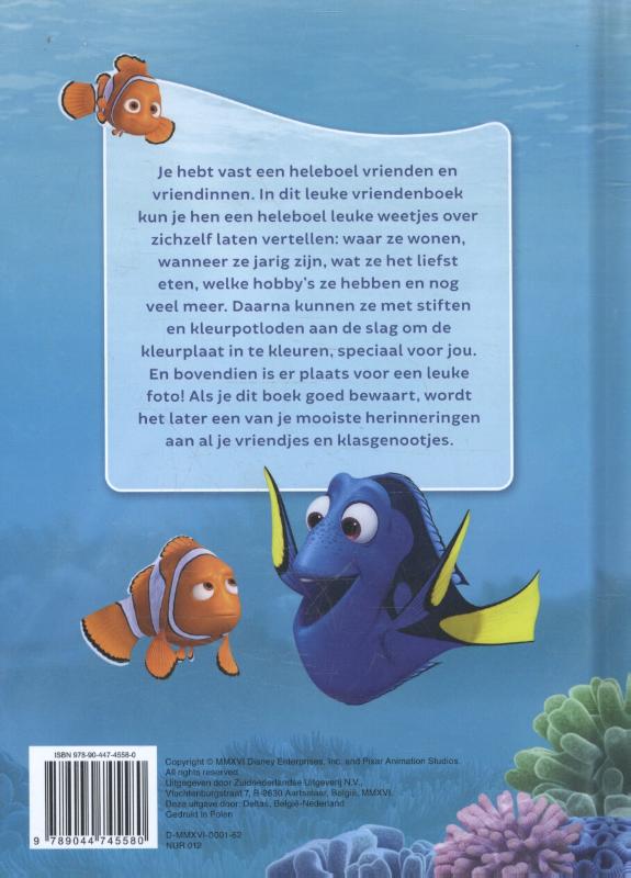 Achterkant van Finding Dory vriendenboek