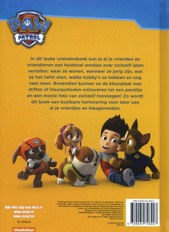 Achterkant van Paw Patrol vriendenboek