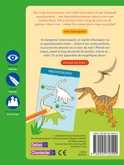 Achterkant van Zo teken je dino's - 12 sjabloonkaarten / Dessine des dinos – 12 cartes pochoirs