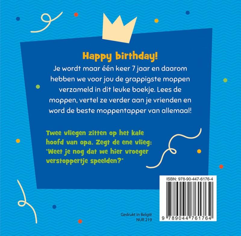 Achterkant van Hoera, 7 jaar! Moppenboek