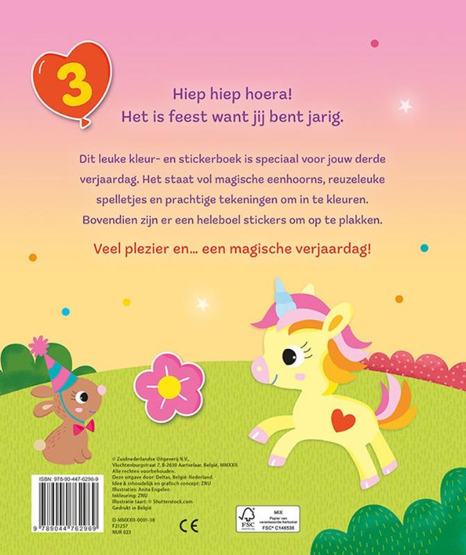 Achterkant van Hoera! Je bent 3 jaar! Eenhoorns