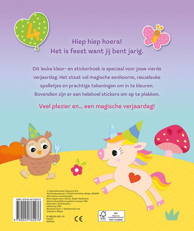 Achterkant van Hoera! Je bent 4 jaar! Eenhoorns