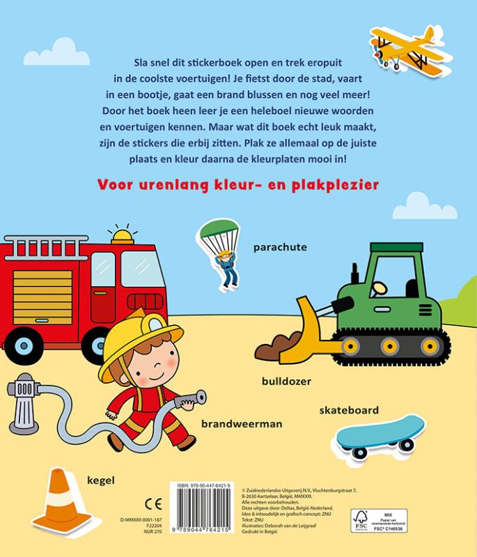 Achterkant van Kleur- en stickerboek met woordjes - Allemaal voertuigen (3-5 j.)