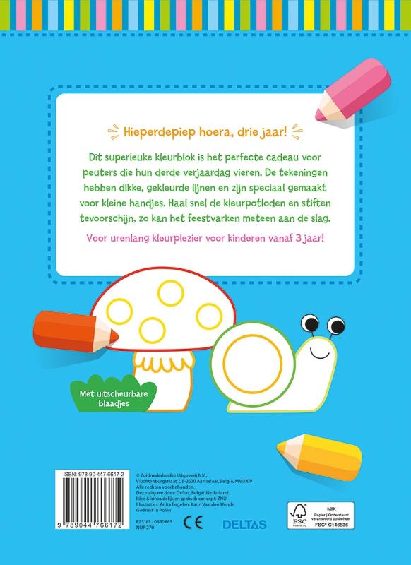 Achterkant van Hoera, 3 jaar! Kleurpret voor kleine handjes