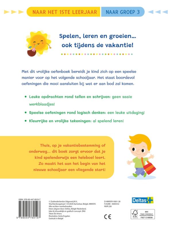 Achterkant van Vakantie oefenpret - Leuke tel-, schrijf- en leesoefeningen (naar het1ste leerjaar / naar groep 3)