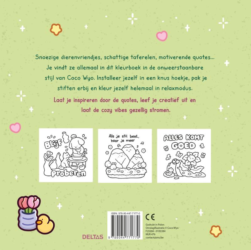 Achterkant van Cozy Vibes Cute & Comfy kleurboek Coco Wyo