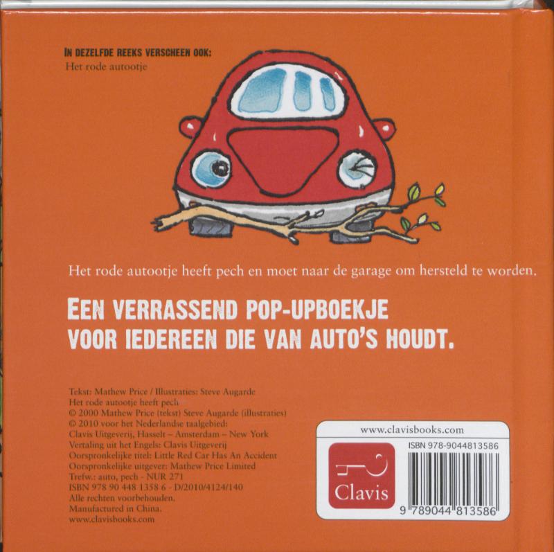 Achterkant van Het rode autootje heeft pech