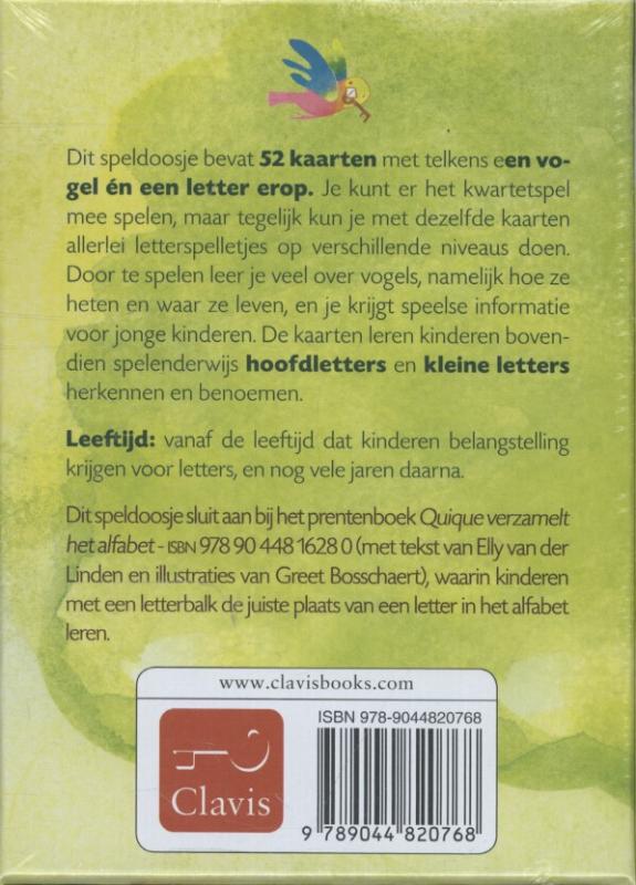 Achterkant van Quique kwartetspel- en letterspel