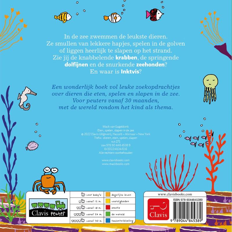 Achterkant van Eten, spelen, slapen in de zee